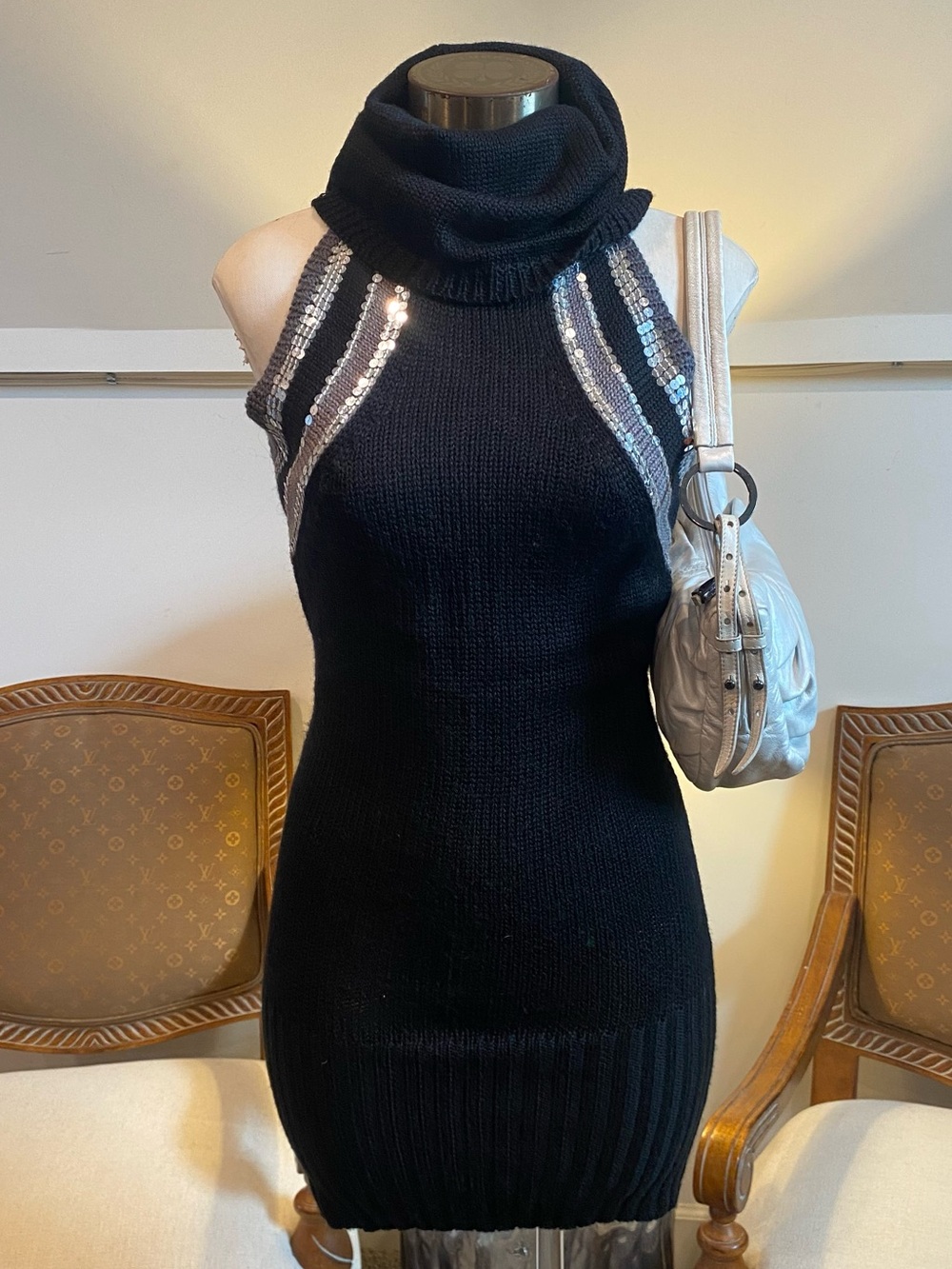 Bebe Y2K Black Wool Knit Sleeveless Mini Dress Cowl Neckline &!Silver Sequins S